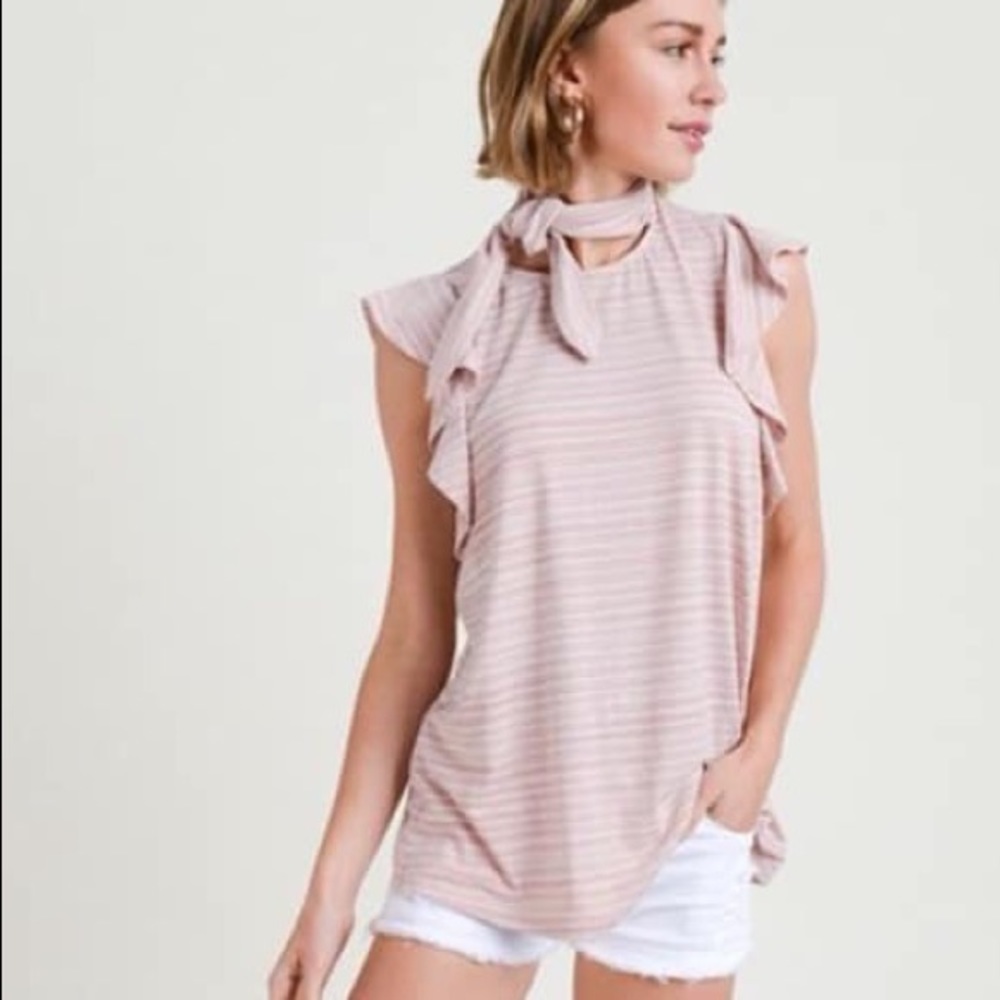 Pink striped top with tie neck